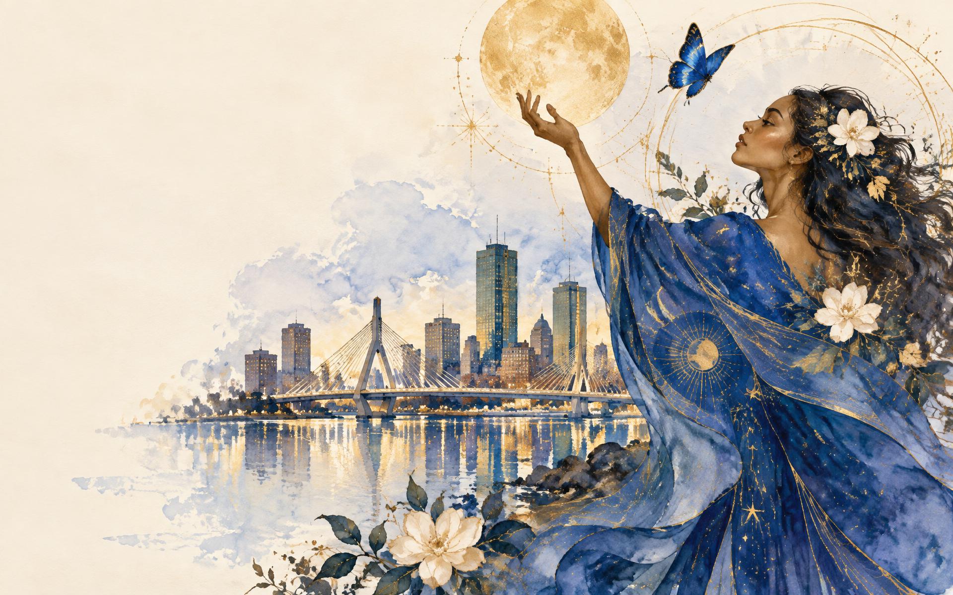 Mystical Boston beneath the moon
